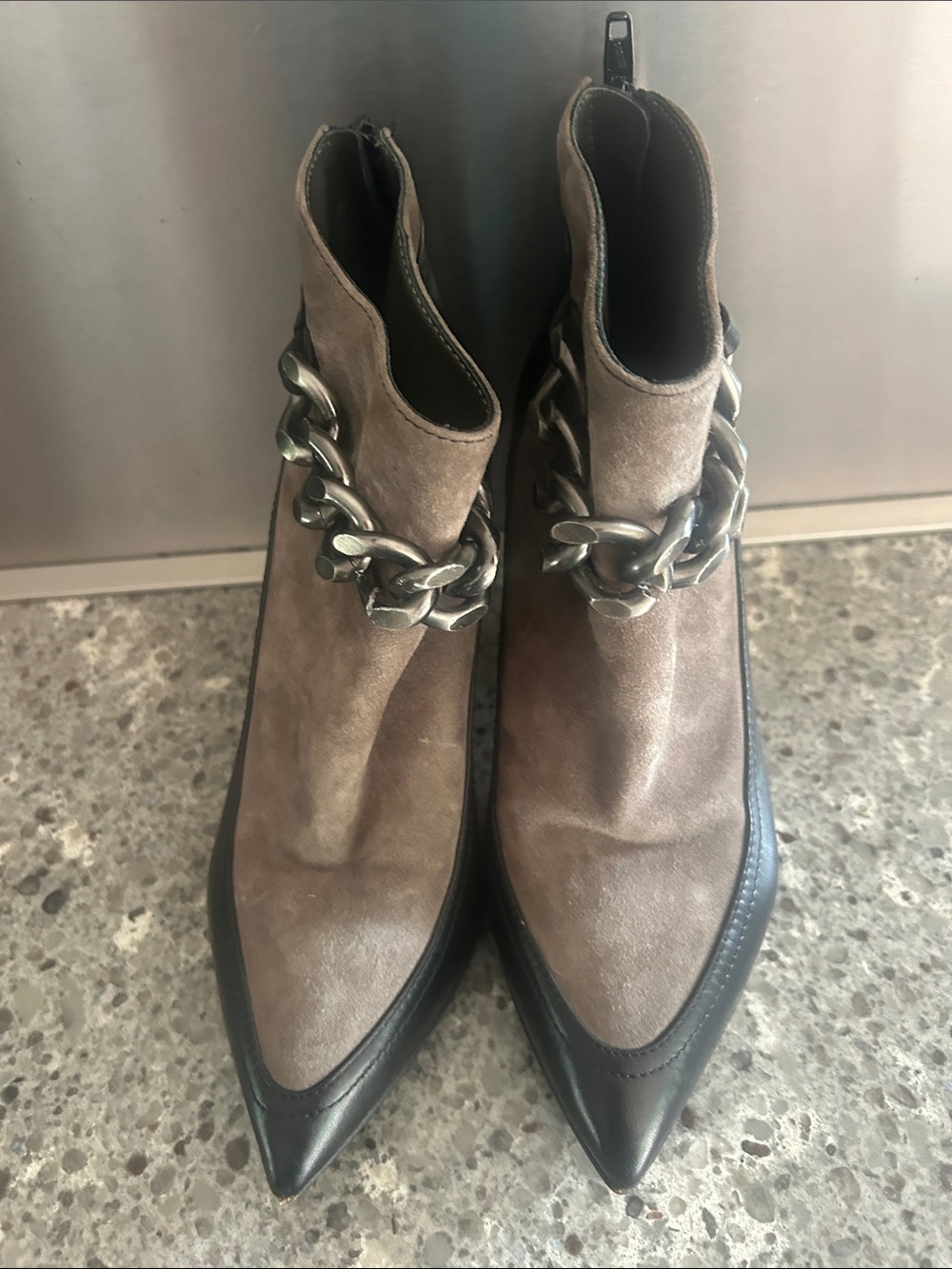 Women's Taupe Suede Pointed Toe Ankle Booties with Silver Chain